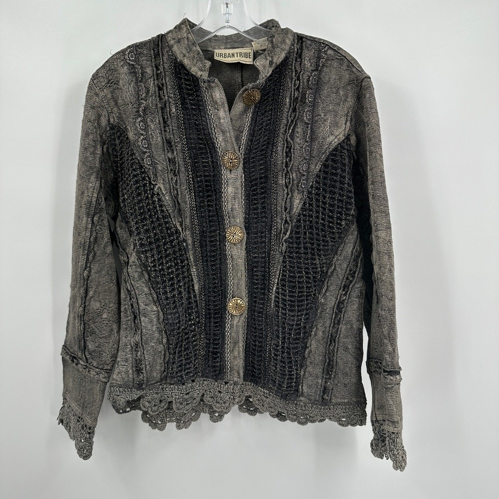 Womens Whimsigoth Crochet Lace Jacket Sz M Steampunk Boho Witchy Edgy Acid Wash